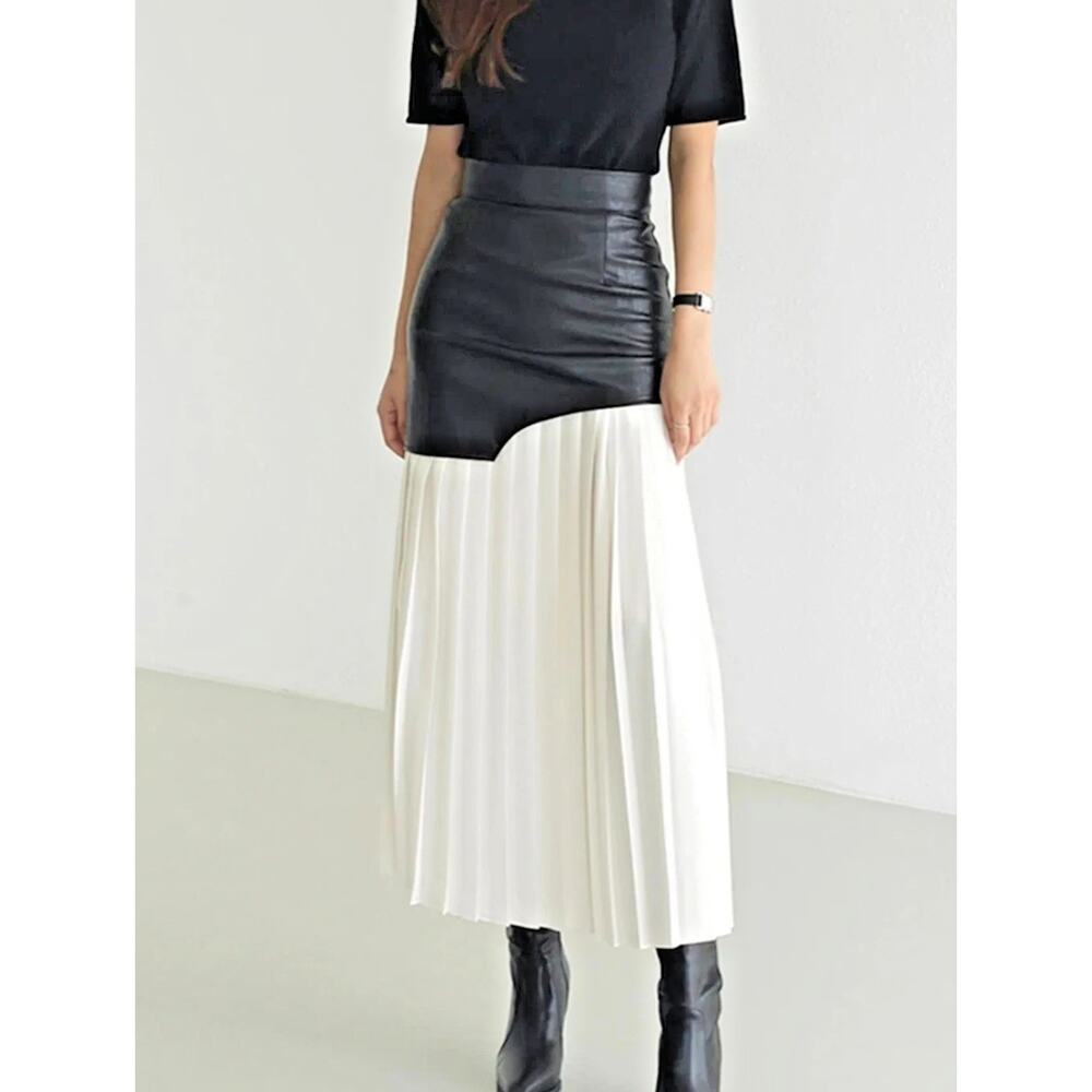 Commense Asymmetric Pleated Faux Leather Skirt Womens size L Black White Maxi